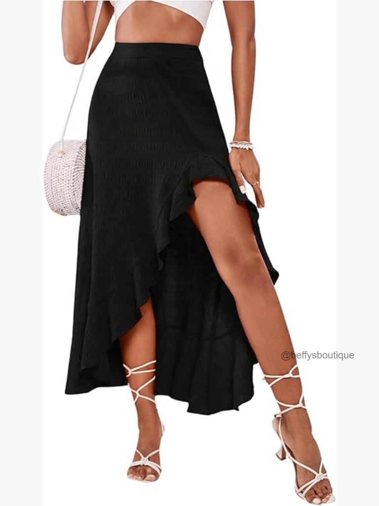 Boho Floral High Waisted Ruffle Maxi Skirt Split Thigh Swing Summer